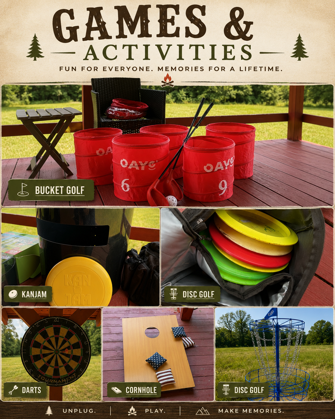 Games & Activities poster showing bucket golf, Kan Jam, disc golf, darts, and cornhole at The Camp
