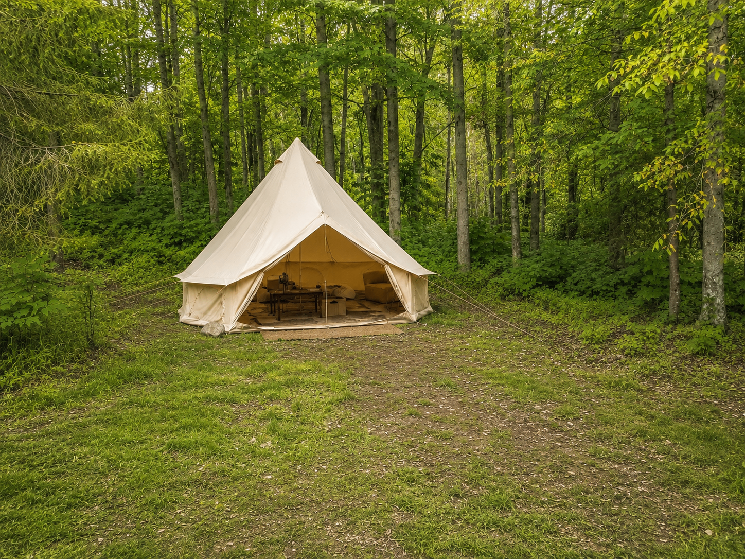 Canvas bell tent set up in a clearing in the woods