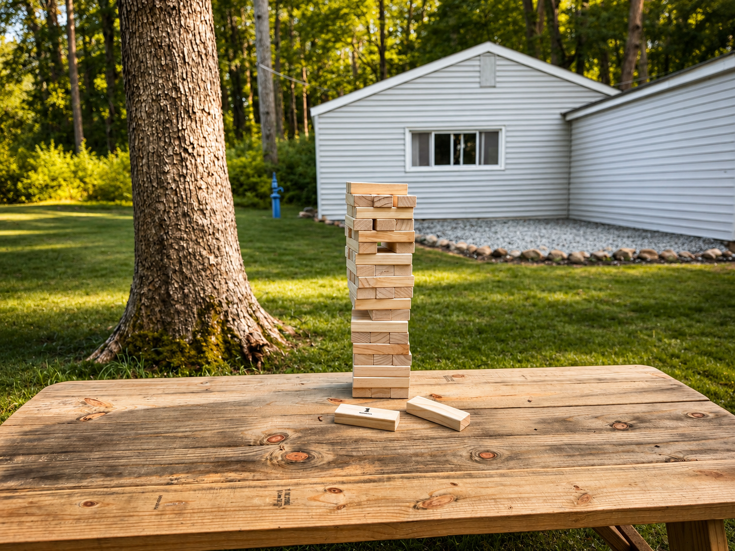 Giant Jenga tower on a wooden picnic table in the yard